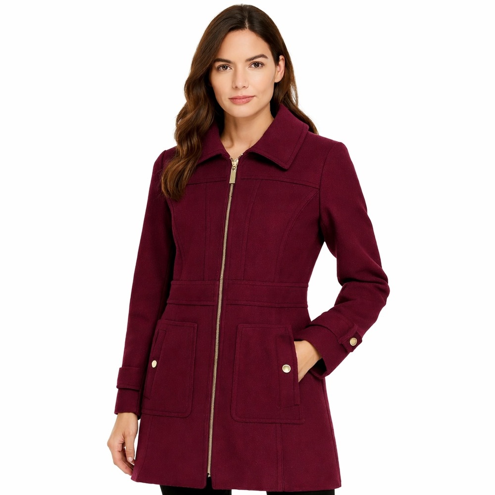 Michael Kors Zip Front Coat Burgundy Collared Heavyweight, Size S